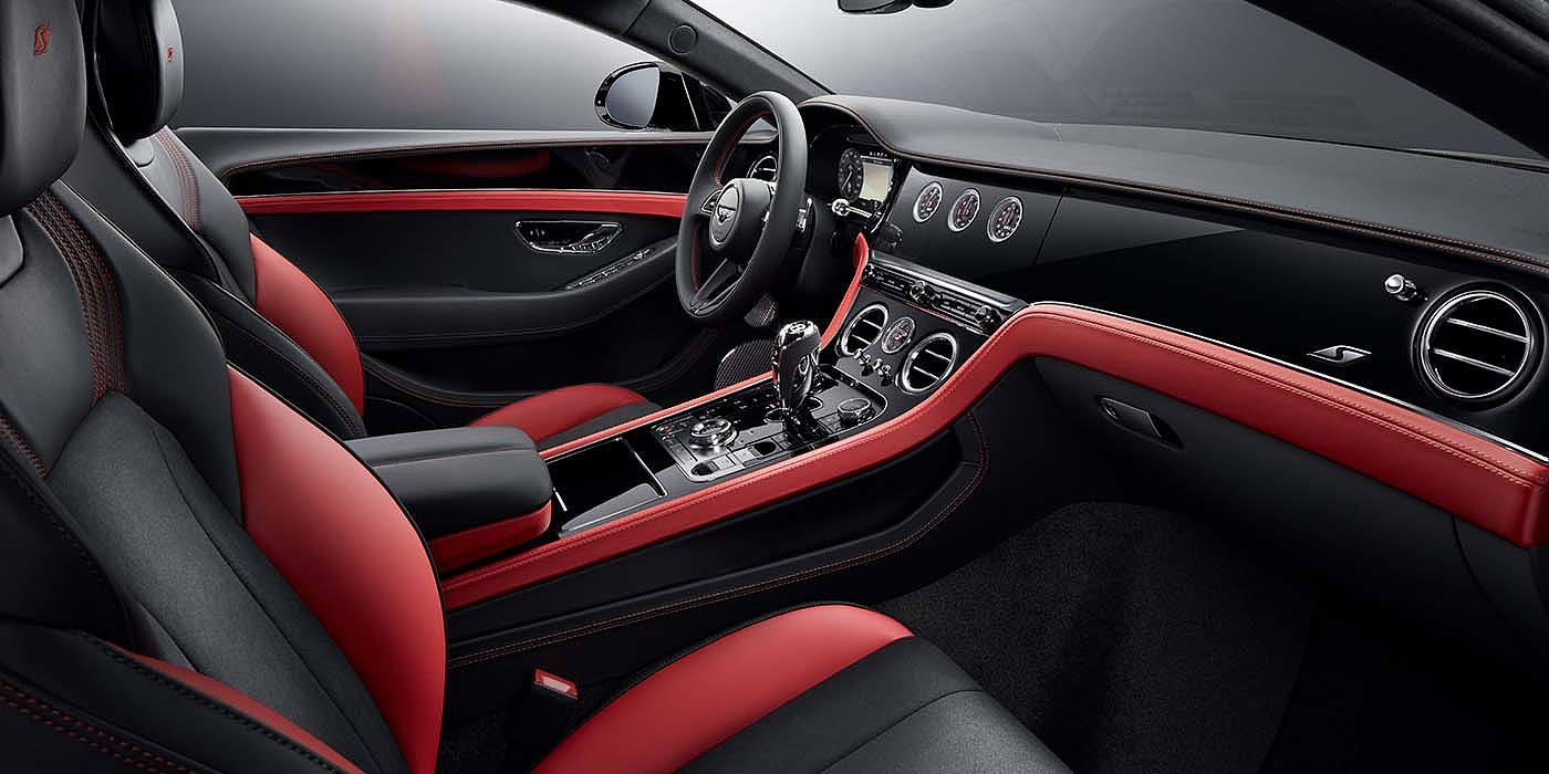 Bentley Leusden Bentley Continental GT S coupe front interior in Beluga black and Hotspur red hide with high gloss Carbon Fibre veneer