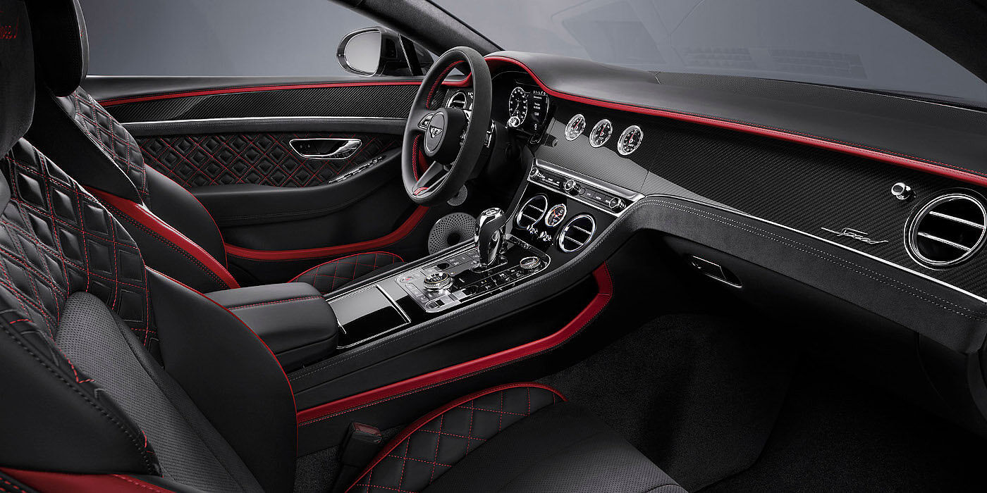 Bentley Leusden Bentley Continental GT Speed coupe front interior in Beluga black and Hotspur red hide