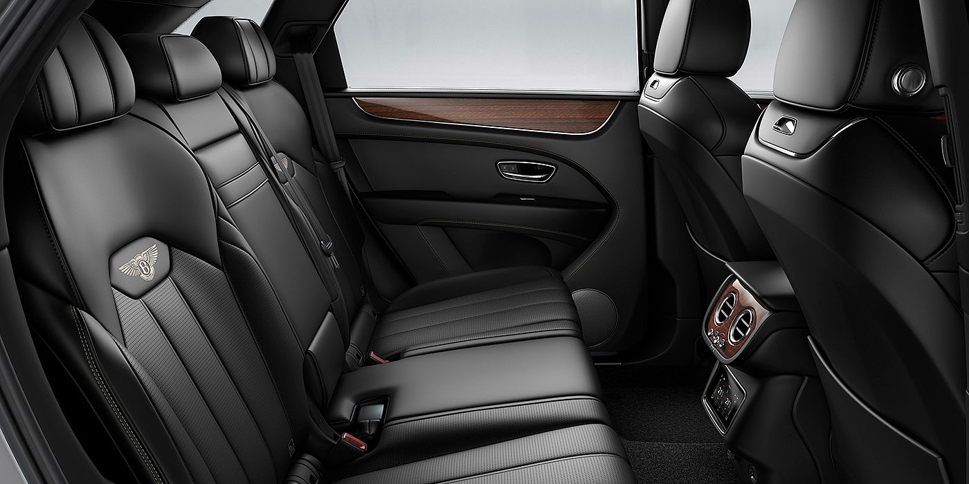 Bentley Leusden Bentey Bentayga interior view for rear passengers with Beluga black hide.