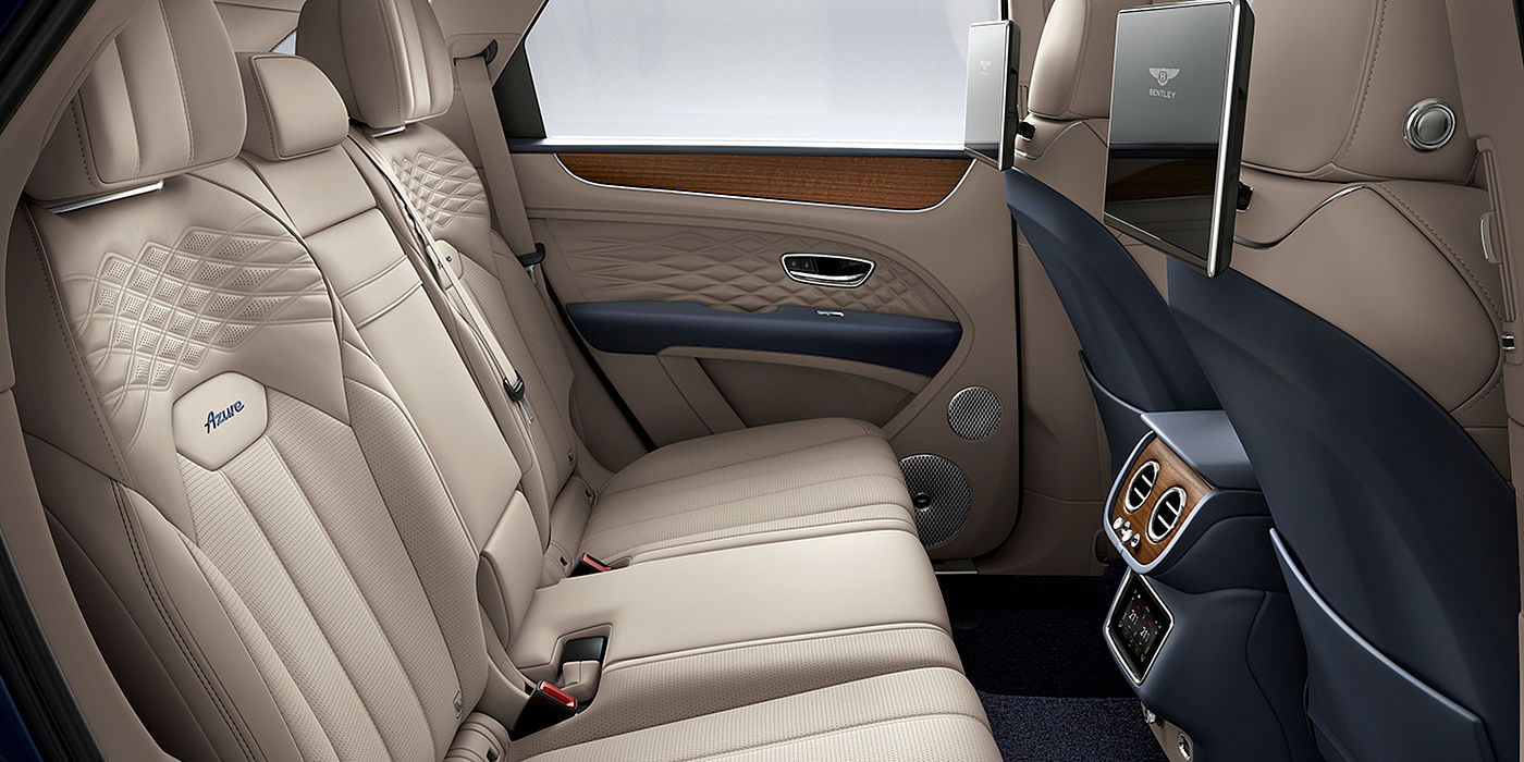 Bentley Leusden Bentey Bentayga Azure interior view for rear passengers with Portland hide and Rear Seat Entertainment. 