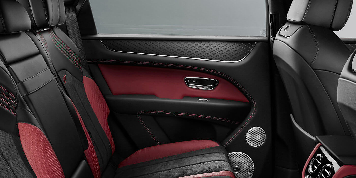 Bentley Leusden Bentley Bentayga S SUV rear interior in Beluga black and Hotspur red hide