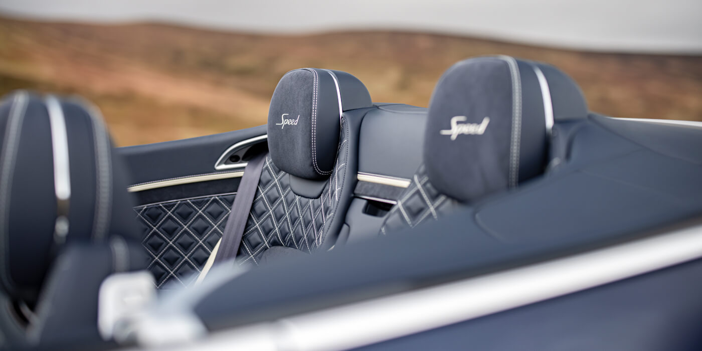 Bentley Leusden Bentley Continental GTC Speed convertible rear interior in Imperial Blue and Linen hide