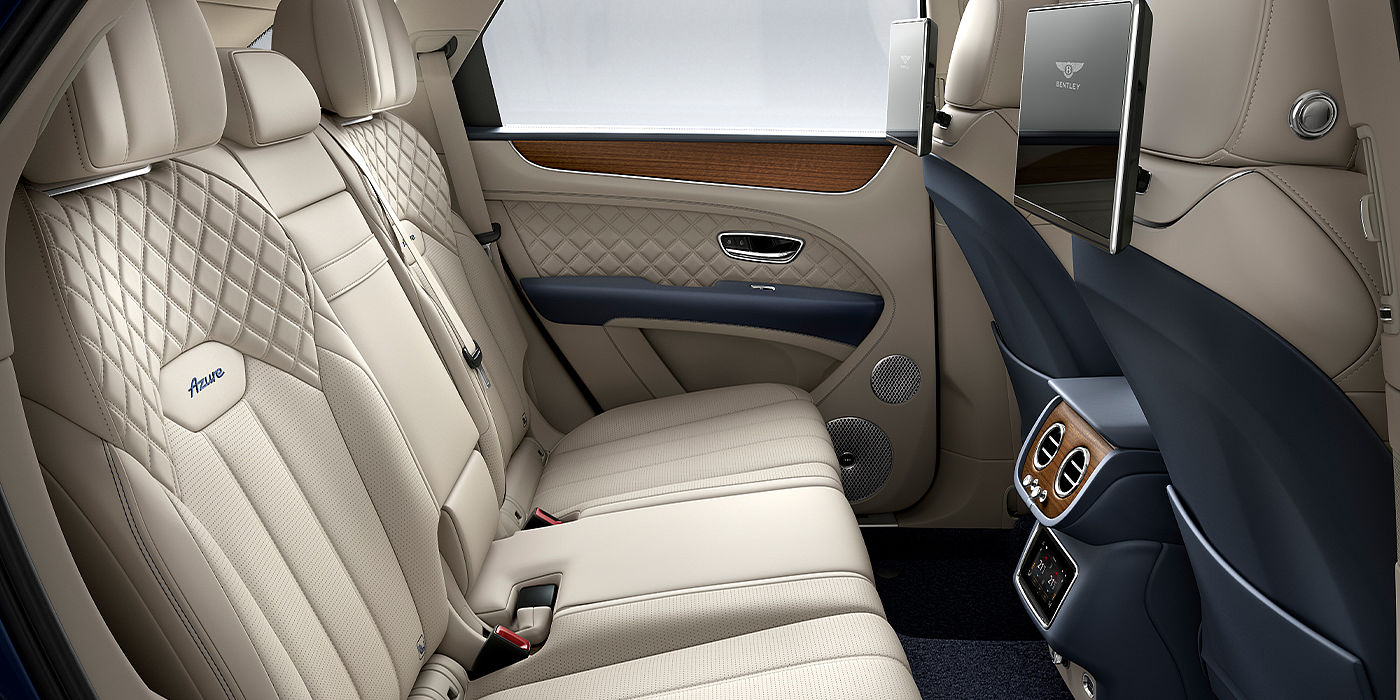 Bentley Leusden Bentley Bentayga Azure SUV rear interior in Imperial Blue and Linen hide