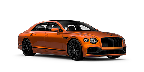 Bentley Leusden Bentley Flying Spur Speed front side angled view in Orange Flame coloured exterior. 