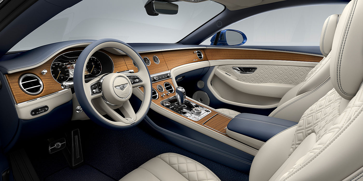 Bentley Leusden Bentley Continental GT Azure coupe front interior in Imperial Blue and linen hide