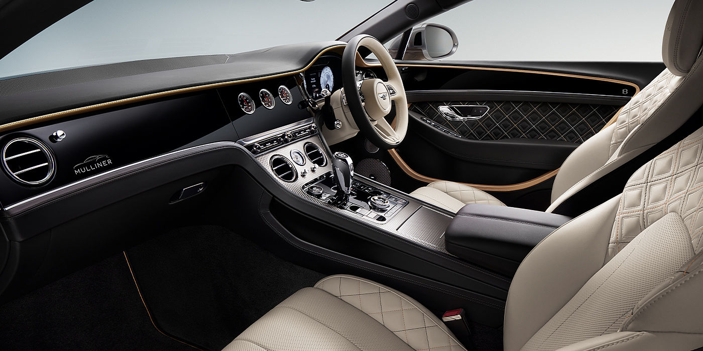 Bentley Leusden Bentley Continental GT Mulliner coupe front interior in Beluga black and Linen hide