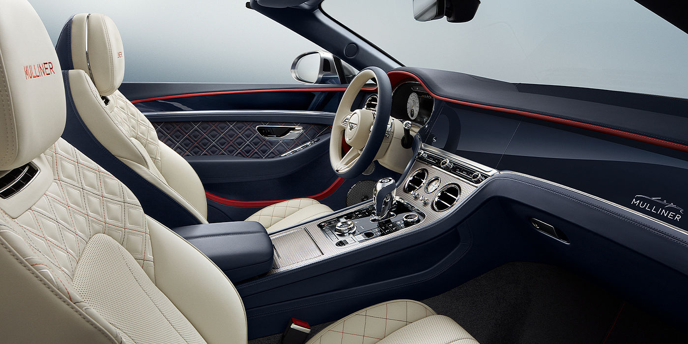 Bentley Leusden Bentley Continental GTC Mulliner convertible front interior in Imperial Blue and Linen hide